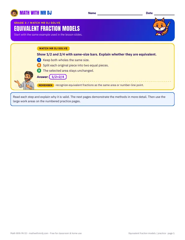 First page of the equivalent fraction models practice worksheet