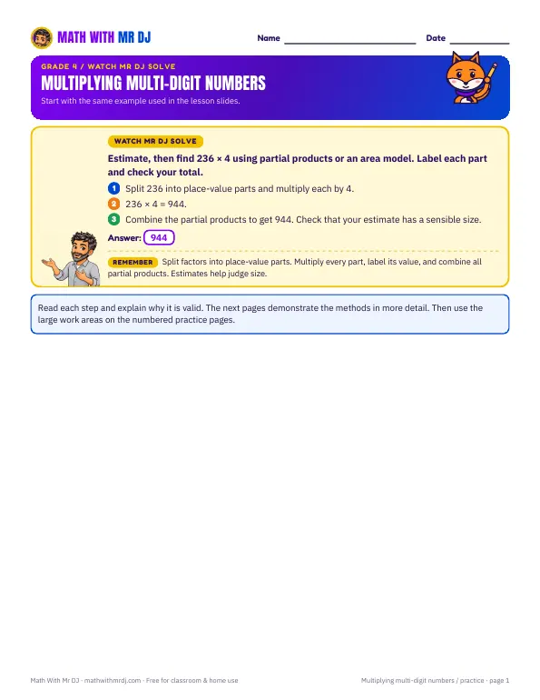 First page of the multiplying multi-digit numbers practice worksheet
